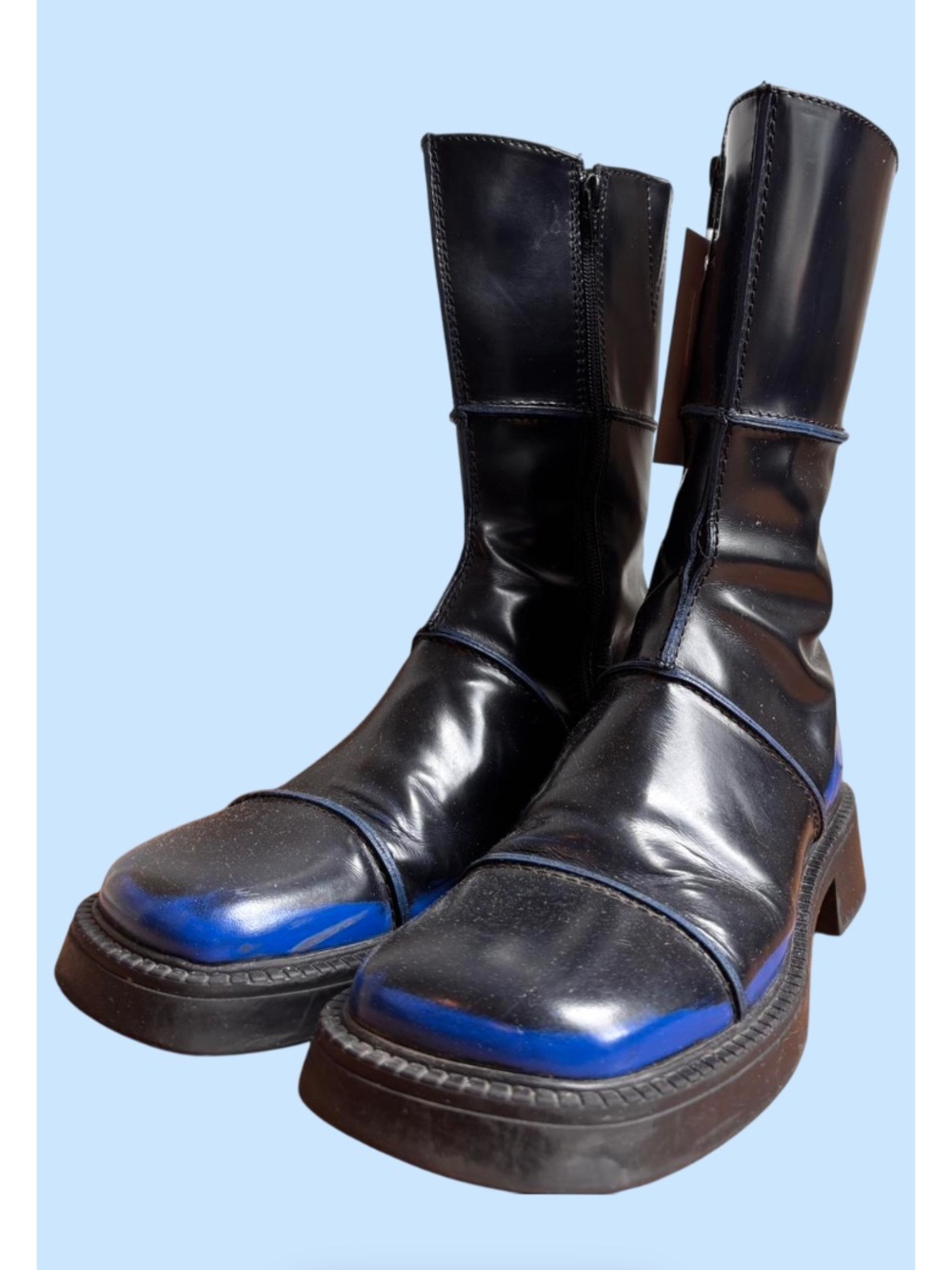 Miista Women's Black Leather Mid-Calf Boots with Blue Accents